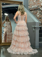 Off the Shoulder Sleeveless A-Line Tiered Long Prom Dress
