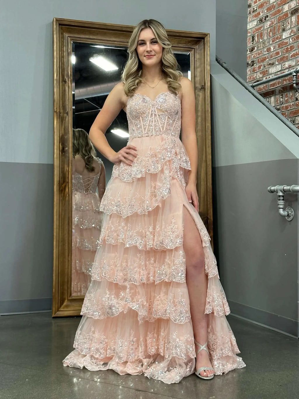 Off the Shoulder Sleeveless A-Line Tiered Long Prom Dress