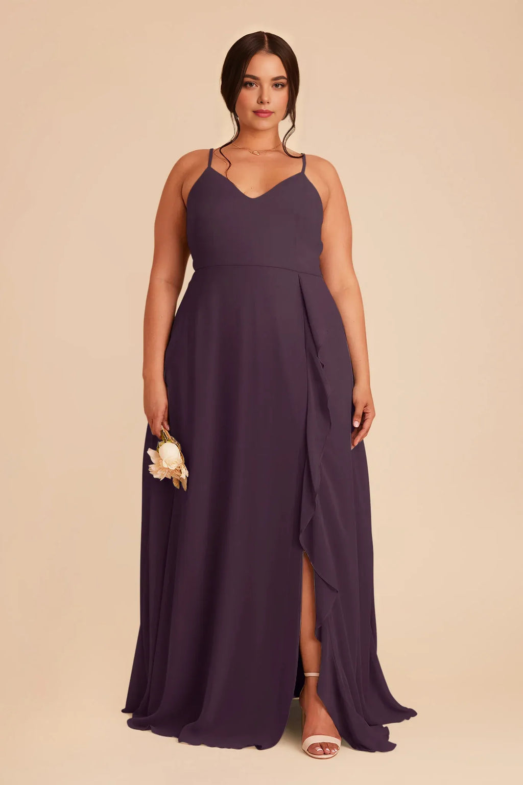 Trendy Plum V Neck Ruffles Chiffon Maxi Bridesmaid Dress