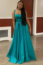 Scoop Straps Sleeveless A-Line Pleated Long Prom Dress