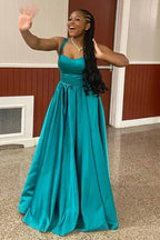 Scoop Straps Sleeveless A-Line Pleated Long Prom Dress