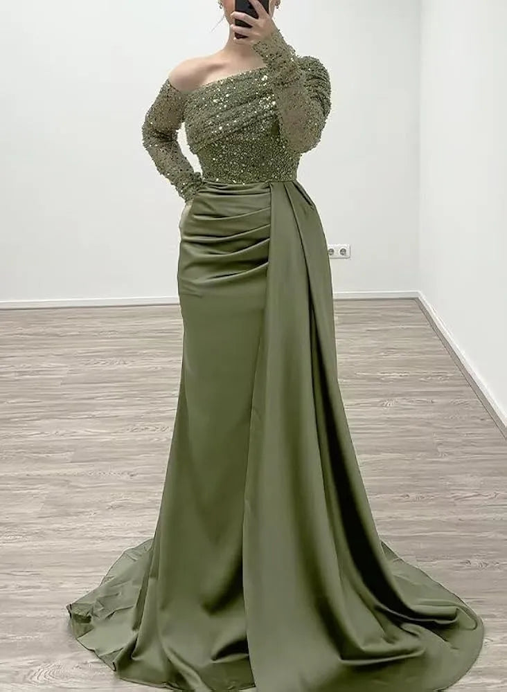 Sheath Asymmetrical-Neck Long Sleeves Pleated Sweep Train Evening Dress