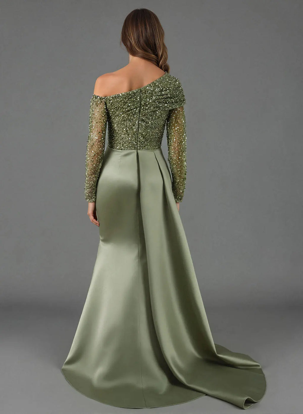 Sheath Asymmetrical-Neck Long Sleeves Pleated Sweep Train Evening Dress