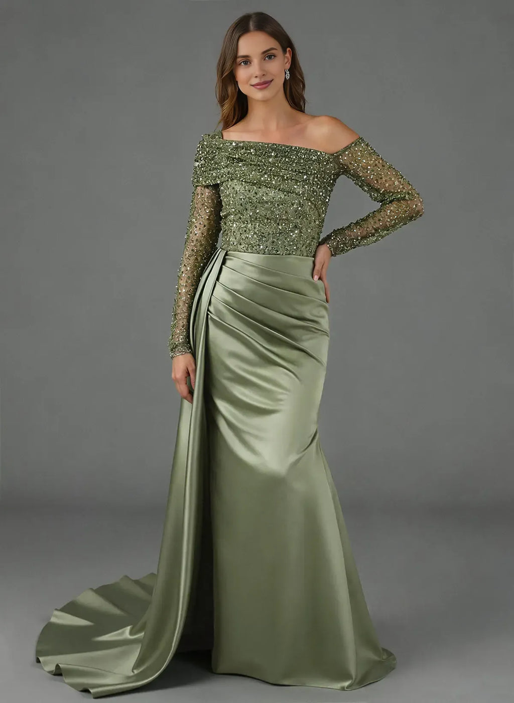 Sheath Asymmetrical-Neck Long Sleeves Pleated Sweep Train Evening Dress