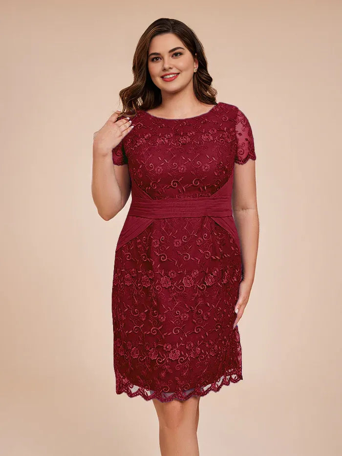 Sheath/Column Crew-Neck Short Sleeves Knee Length Plus Size Mother of the Bride Dress