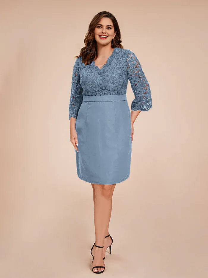 Sheath/Column V-Neck 3/4 Sleeves Knee Length Plus Size Mother of the Bride Dress