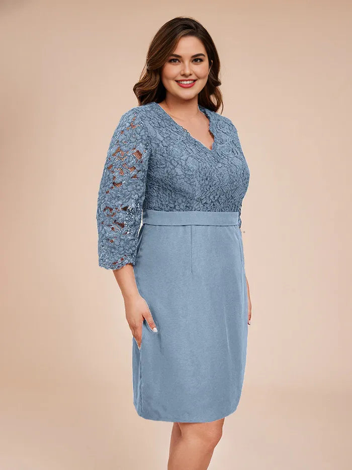 Sheath/Column V-Neck 3/4 Sleeves Knee Length Plus Size Mother of the Bride Dress