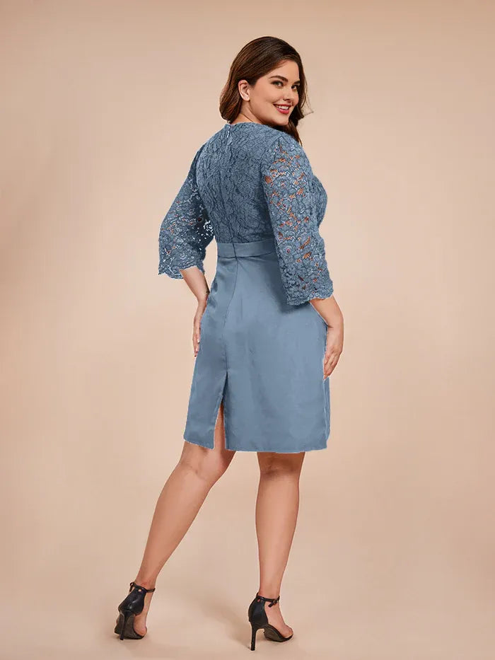 Sheath/Column V-Neck 3/4 Sleeves Knee Length Plus Size Mother of the Bride Dress