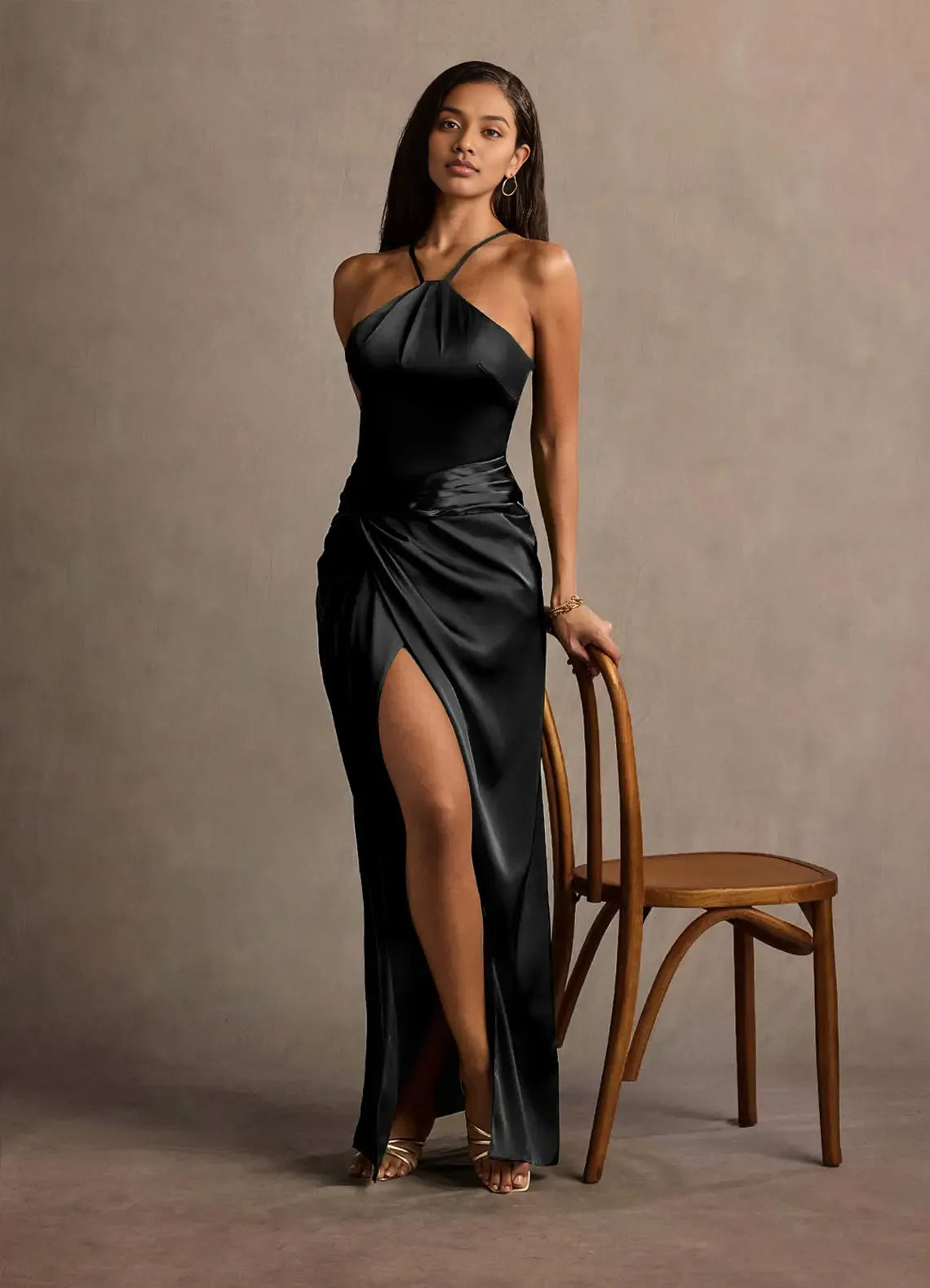 Sheath Halter Neck Sleeveless Backless Floor-Length Evening Dress