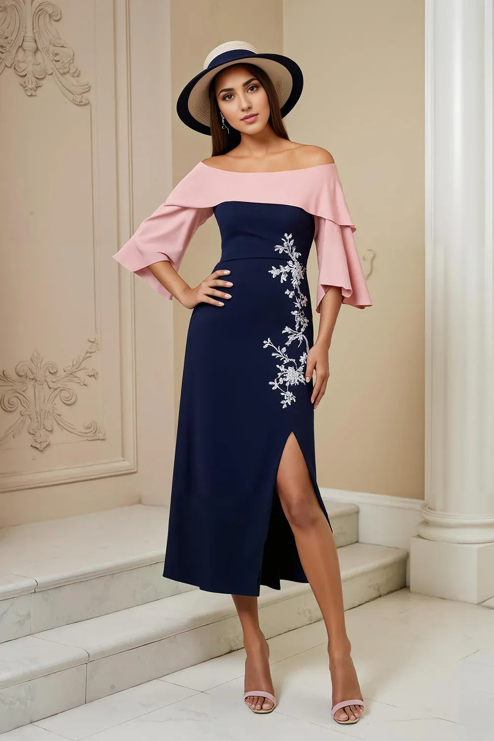 Sheath Off The Shoulder Short Sleeve Zipper Up Tea-Length Mother of the Bride Dress