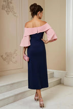 Sheath Off The Shoulder Short Sleeve Zipper Up Tea-Length Mother of the Bride Dress