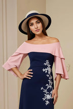 Sheath Off The Shoulder Short Sleeve Zipper Up Tea-Length Mother of the Bride Dress