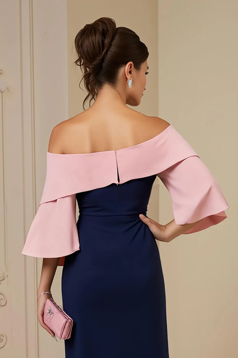 Sheath Off The Shoulder Short Sleeve Zipper Up Tea-Length Mother of the Bride Dress