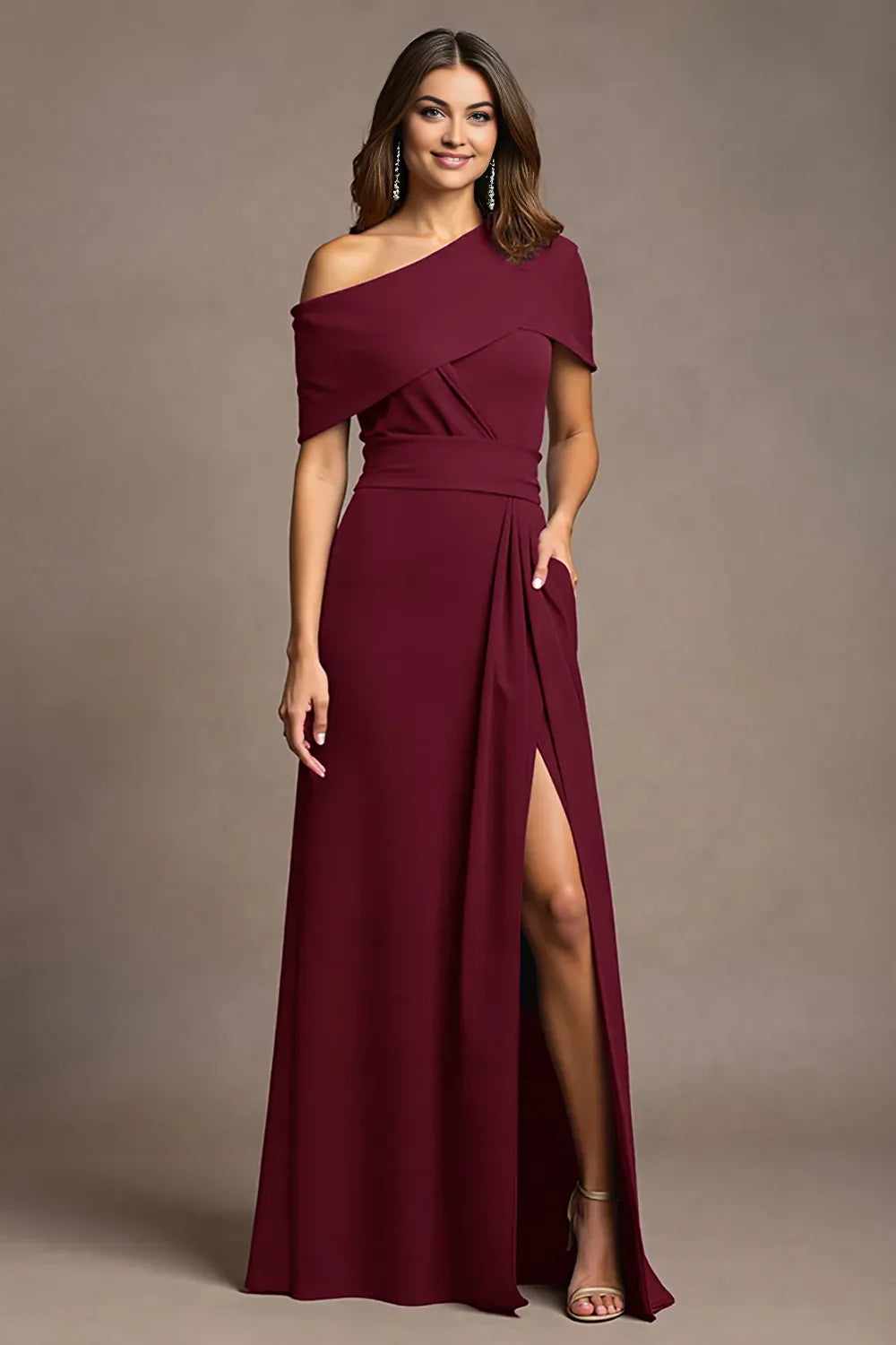 Sheath One Shoulder Cap Sleeve Asymmetrical Back Floor-Length Mother of the Bride Dress