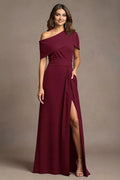 Sheath One Shoulder Cap Sleeve Asymmetrical Back Floor-Length Mother of the Bride Dress