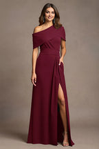 Sheath One Shoulder Cap Sleeve Asymmetrical Back Floor-Length Mother of the Bride Dress