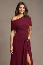 Sheath One Shoulder Cap Sleeve Asymmetrical Back Floor-Length Mother of the Bride Dress