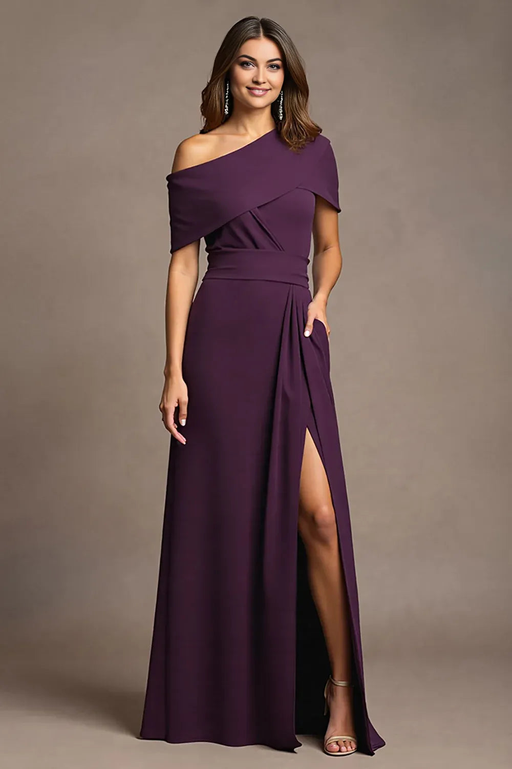 Sheath One Shoulder Cap Sleeve Asymmetrical Back Floor-Length Mother of the Bride Dress