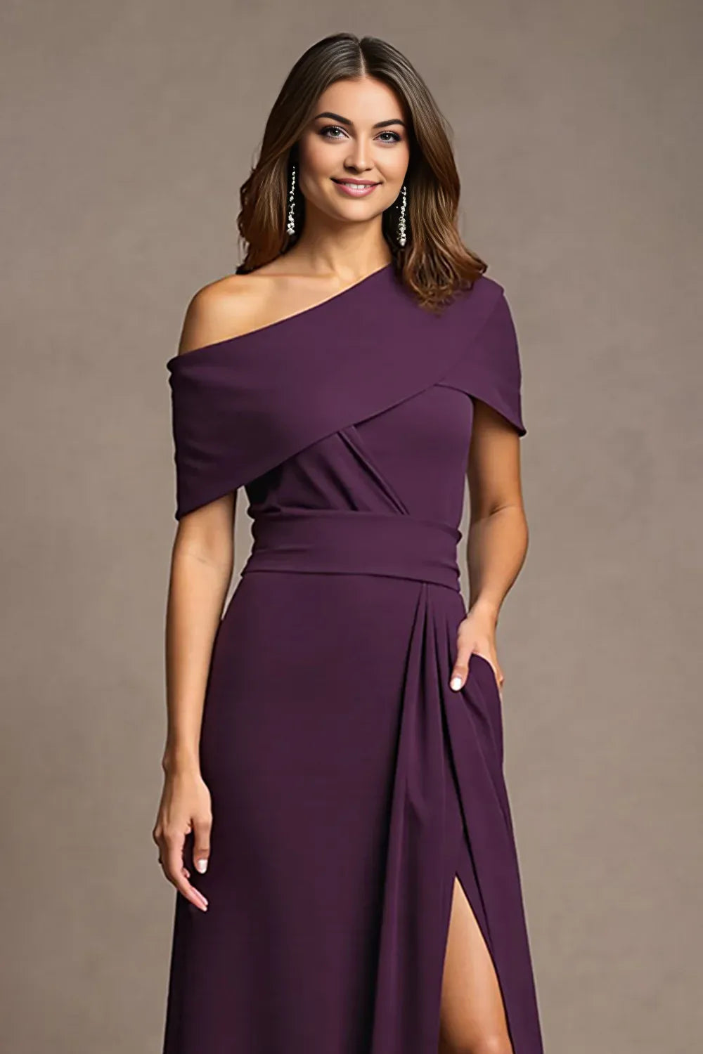 Sheath One Shoulder Cap Sleeve Asymmetrical Back Floor-Length Mother of the Bride Dress