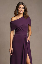 Sheath One Shoulder Cap Sleeve Asymmetrical Back Floor-Length Mother of the Bride Dress