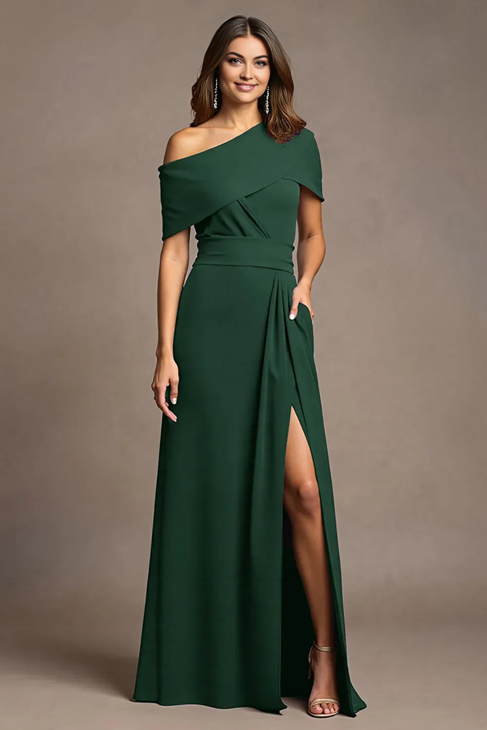 Sheath One Shoulder Cap Sleeve Asymmetrical Back Floor-Length Mother of the Bride Dress