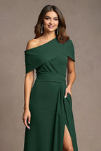 Sheath One Shoulder Cap Sleeve Asymmetrical Back Floor-Length Mother of the Bride Dress