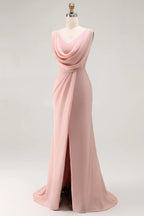 Sheath V Neck Sleeveless Up Slit Floor-Length Prom Dress