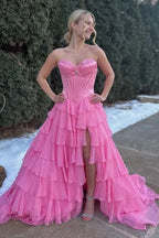 Sweetheart Sleeveless Empire A-Line Tiered Long Prom Dress