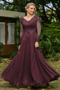 A-line V Neck Long Sleeve Sheer Back Floor-Length Prom Dress