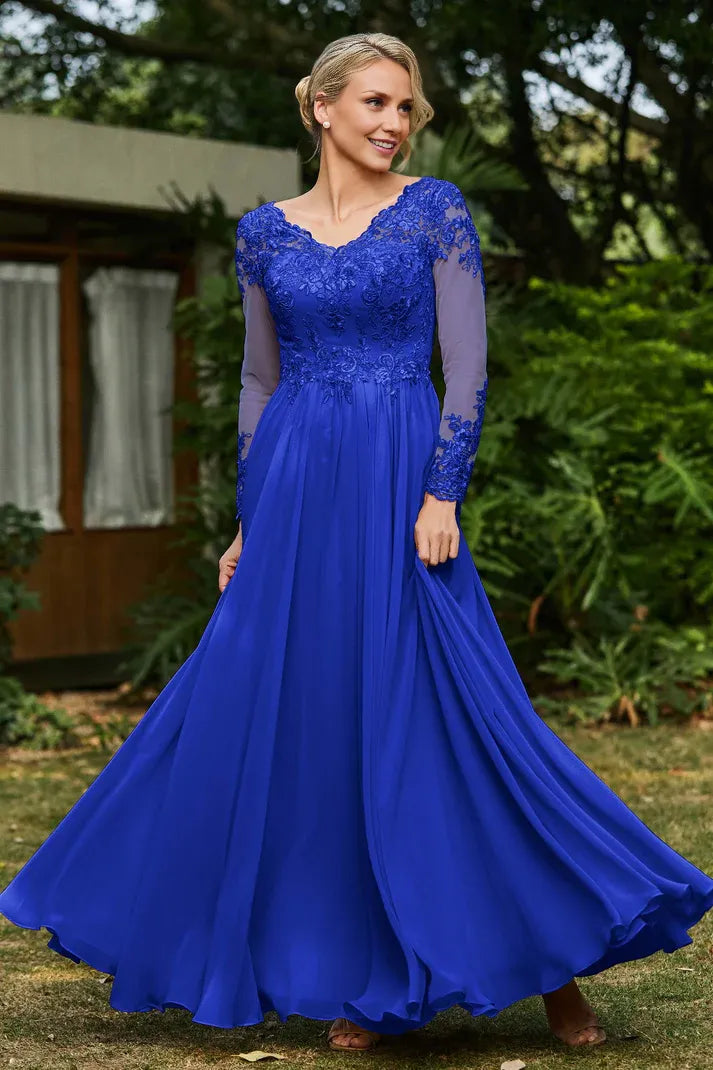 A-line V Neck Long Sleeve Sheer Back Floor-Length Prom Dress