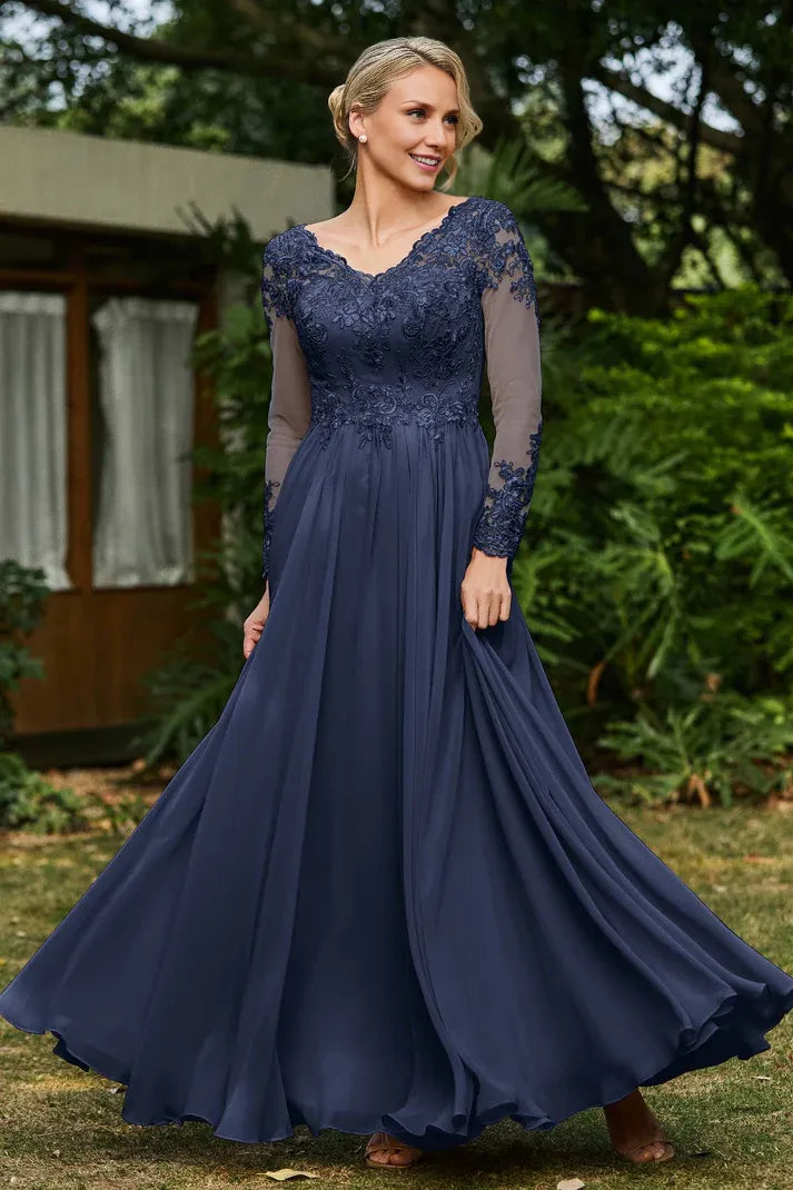 A-line V Neck Long Sleeve Sheer Back Floor-Length Prom Dress