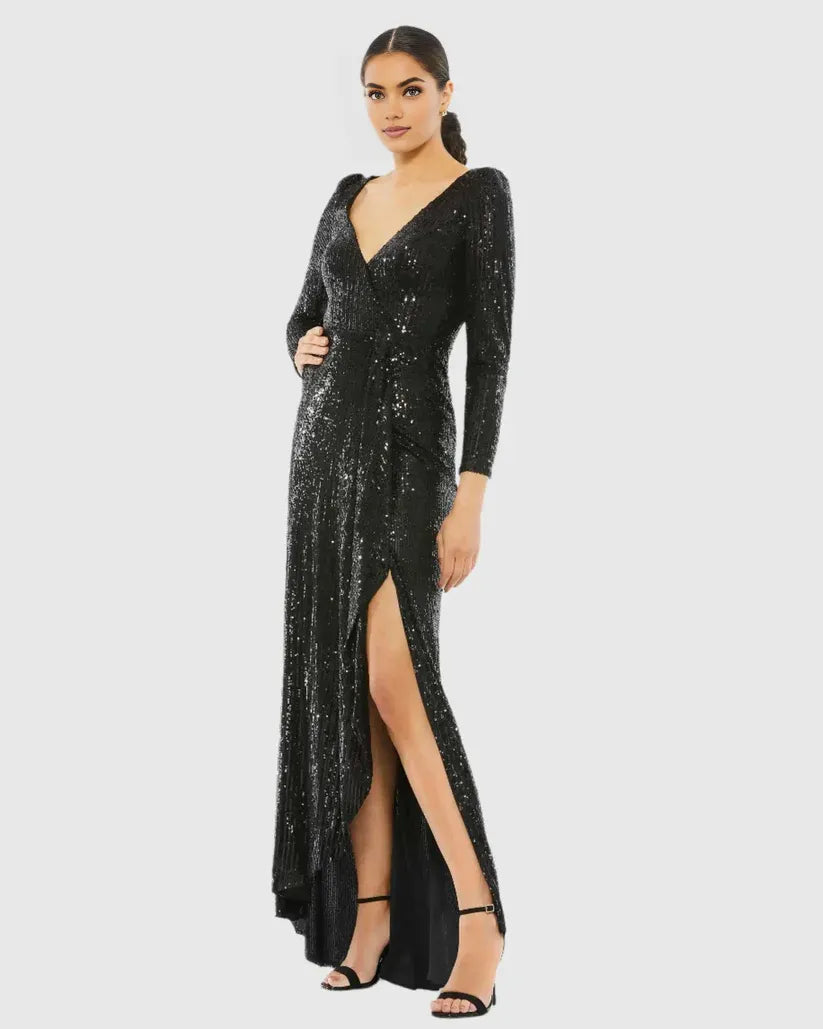 Sheath V Neck Long Sleeve Zipper Up Floor-Length Prom Dress