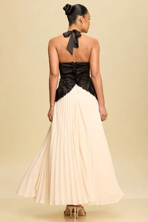 Robe de bal longue bicolore en trapèze avec dos nu, dos en nœud, sans manches, en vente chaude