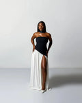 Two Tone Showstopping Strapless Prom Dress With High Slit Floor Length Black White Evening Gown For Prom Goers