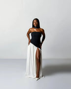 Two Tone Showstopping Strapless Prom Dress With High Slit Floor Length Black White Evening Gown For Prom Goers