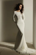 Understated Sheath Crew Neck Long Sleeve Open Back Long Length Wedding Dress