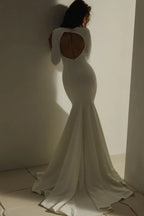 Understated Sheath Crew Neck Long Sleeve Open Back Long Length Wedding Dress