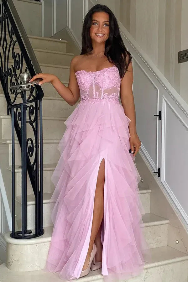 Unique A-Line Corset Sleeveless Appliques Floor Length Prom Dress