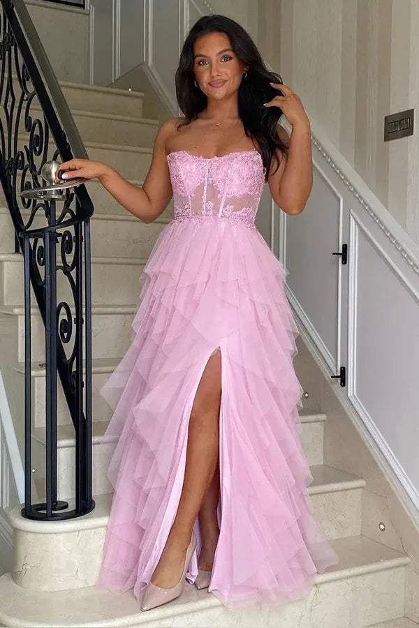 Unique A-Line Corset Sleeveless Appliques Floor Length Prom Dress