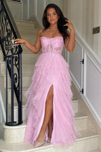 Unique A-Line Corset Sleeveless Appliques Floor Length Prom Dress