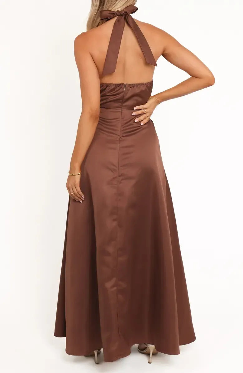 Unique A-Line Halter Neck Sleeveless Floor-Length Prom Dress