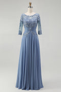 Unique A-Line Illusion Neck Long Sleeve Zipper Up Floor-Length Mother of the Bride Dress