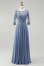 Unique A-Line Illusion Neck Long Sleeve Zipper Up Floor-Length Mother of the Bride Dress