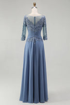 Unique A-Line Illusion Neck Long Sleeve Zipper Up Floor-Length Mother of the Bride Dress