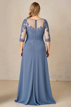 Unique A-Line Illusion Neck Long Sleeve Zipper Up Floor-Length Plus Size Mother of the Bride Dress