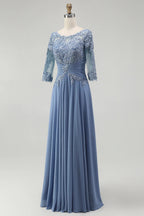 Unique A-Line Illusion Neck Long Sleeve Zipper Up Floor-Length Mother of the Bride Dress