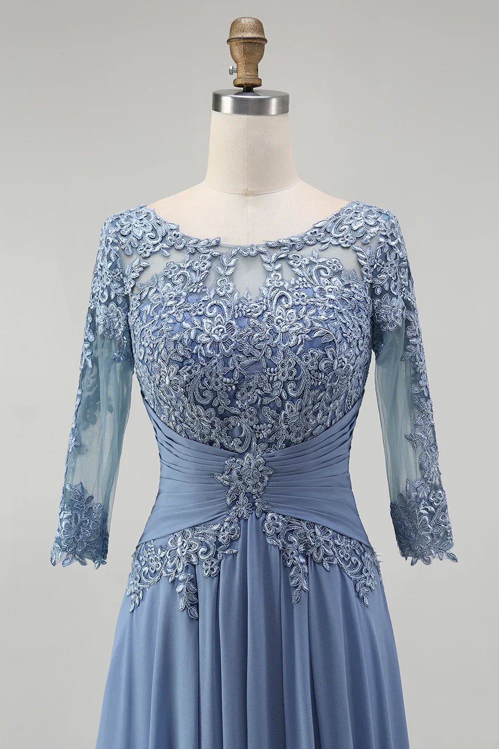 Unique A-Line Illusion Neck Long Sleeve Zipper Up Floor-Length Mother of the Bride Dress