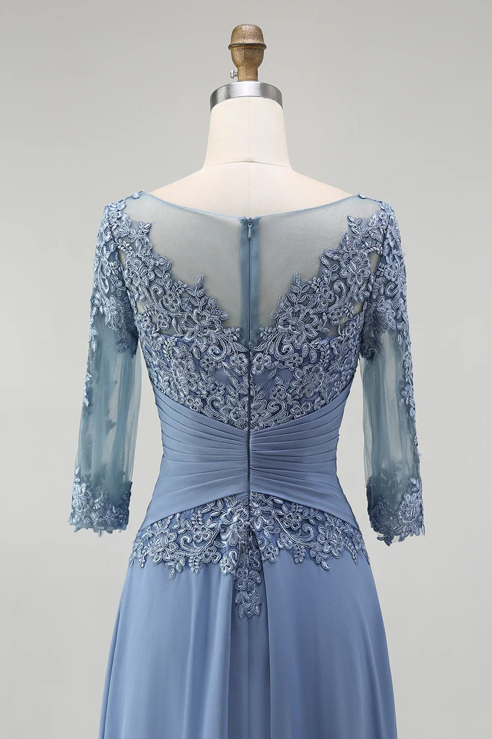 Unique A-Line Illusion Neck Long Sleeve Zipper Up Floor-Length Mother of the Bride Dress