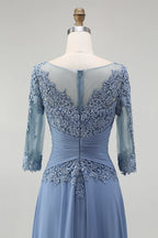 Unique A-Line Illusion Neck Long Sleeve Zipper Up Floor-Length Mother of the Bride Dress
