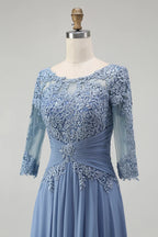 Unique A-Line Illusion Neck Long Sleeve Zipper Up Floor-Length Mother of the Bride Dress
